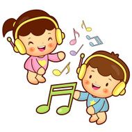 Boys and girls listening to music