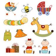 new baby items set isolated on white background