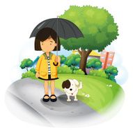 girl with an umbrella and a puppy at the road