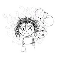 Curly girl sketch with balloons for your design