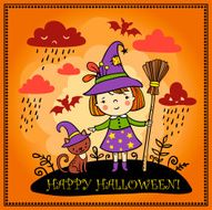 Cute Halloween background with witch and a cat