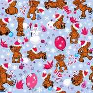 Seamless pattern with teddy bears snowflakes and Christmas accessories
