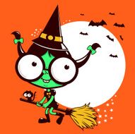 Little Halloween witch flying with broom