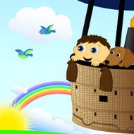 boy and dog in a hot air balloon