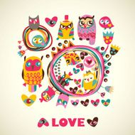 Owls cute background Template for design cartoon greeting card