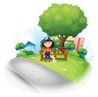 girl sitting at the wooden bench near big tree