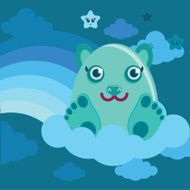 Cute cartoon character monster and rainbow in the sky