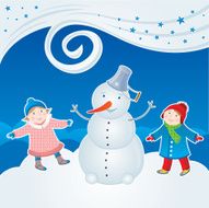 Children playing with a snowman