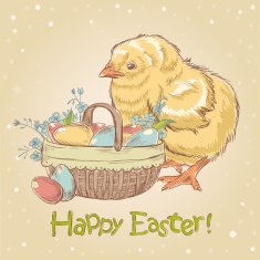 Easter vintage hand drawn card with cute little chicken