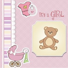 romantic baby girl announcement card with teddy bear N8