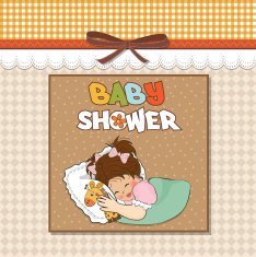 baby shower card with little girl and her toy N14