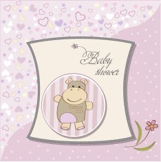 childish baby girl announcement card with hippo toy N16
