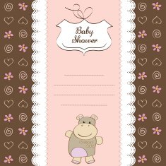 childish baby girl announcement card with hippo toy N18