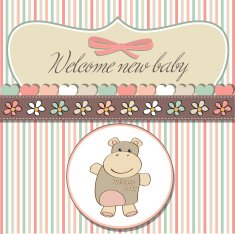 childish baby girl announcement card with hippo toy N19