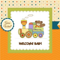 baby shower card with teddy bear and train toy