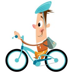 Cartoon boy with backpack and helmet riding turquoise bike smiling