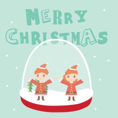 Boy and girl in santa costume inside a christmas globe