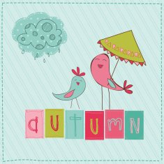 Autumn Cute Rainy Card with Birds