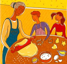 mother and children making cookies