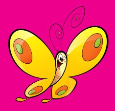 Cartoon yellow happy baby butterfly flying in a magenta backgrou