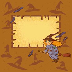 Halloween Frame With Little Witch On Broom