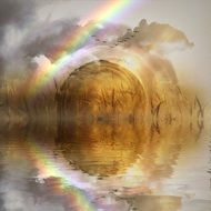 Landscape Picture of rainbow and pond
