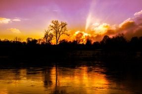 landscape of the forest and lake at the golden sunset