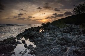 stone shore coast sunset in clouds