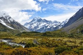 Mount Cook with a green valley in new zealand