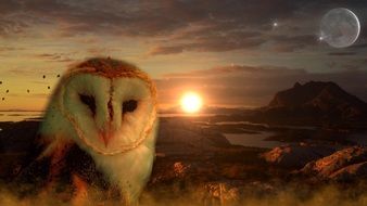 owl and setting sun