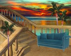 sofa near the stairs among a picturesque sunset, render