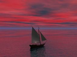 ship with sails in the ocean under a pink sky