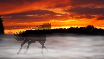 misty sunset and horse silhouette drawing