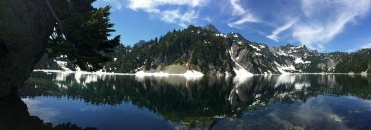 Landscape of the beautiful lake near the mountains in snow