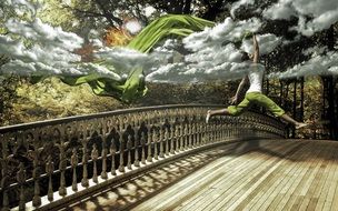 woman jumping with long green scarf on bridge, collage
