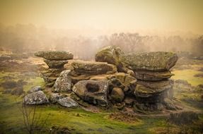huge stones in a foggy landscape, uk, england, north yorkshire