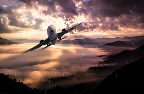 Plane is flying under the rain