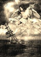 angel in sky above drowning sailing vessel, drawing