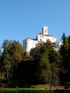 castle on the hill behind green trees