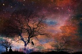 Cemetery in the background of an unusual starry sky