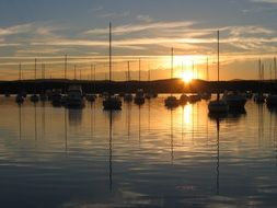 boats in the harbor on the lake at sunset