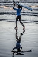 child walking along the beach with a surfboard