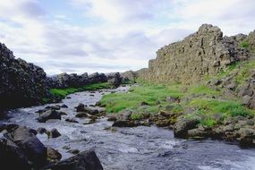 landscape of stormy river in oxararfoss in iceland