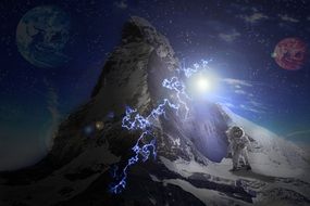 Beautiful and fantastic landscape with mountains in lightning and planets