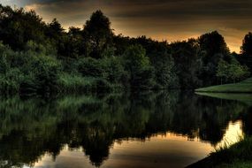 quiet lake and forest in evening