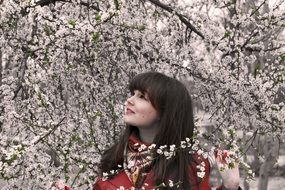 girl on a background of cherry blossoms in spring