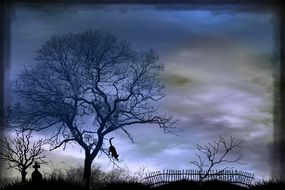 Lonely tree in the background of the cemetery