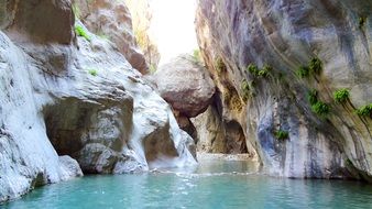 river in scenic rocks canyon on lycian way, turkey, kemer, goynuk