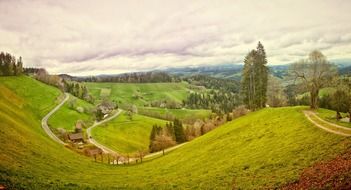 panorama of green hills in the countryside