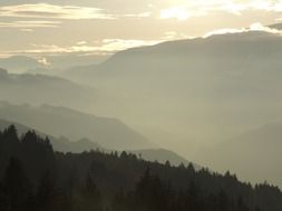 panorama of a mountain valley at sunset